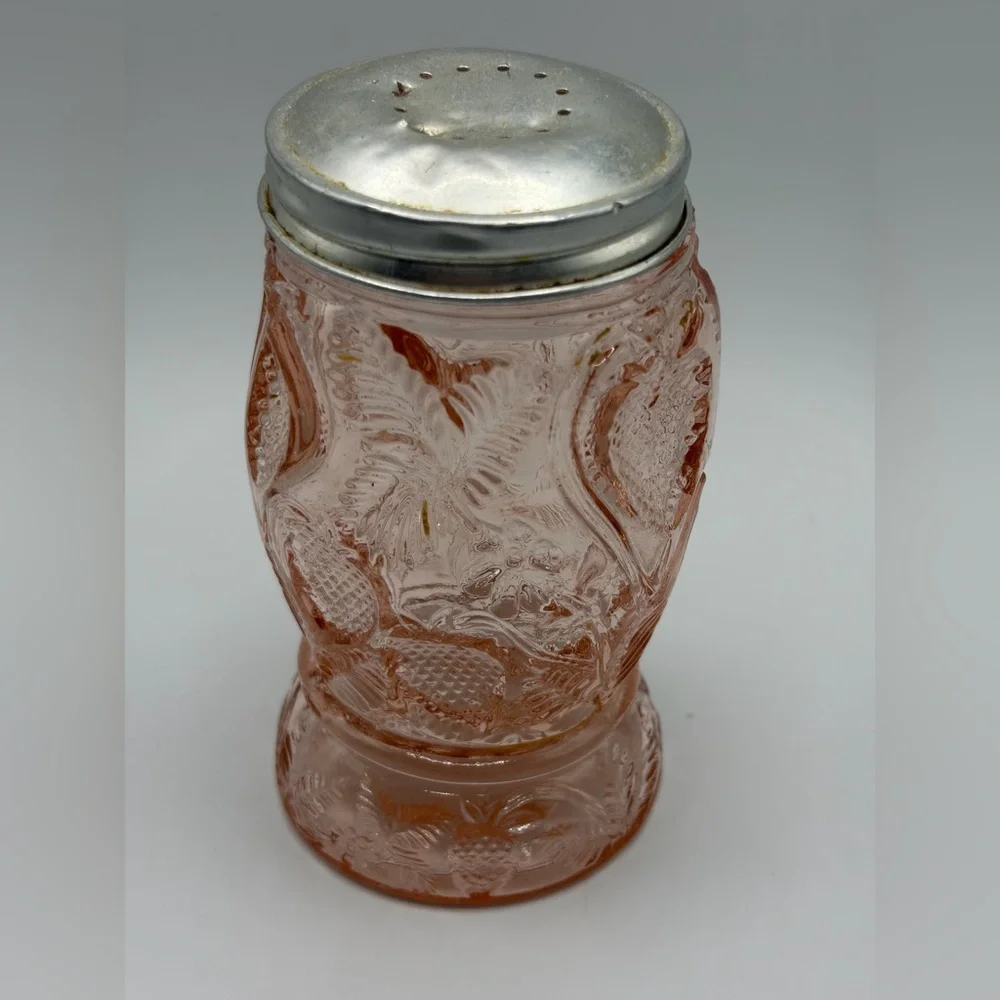 Vintage Pink Strawberry Depression Glass Salt Pepper Sugar Seasoning Shaker, Lid